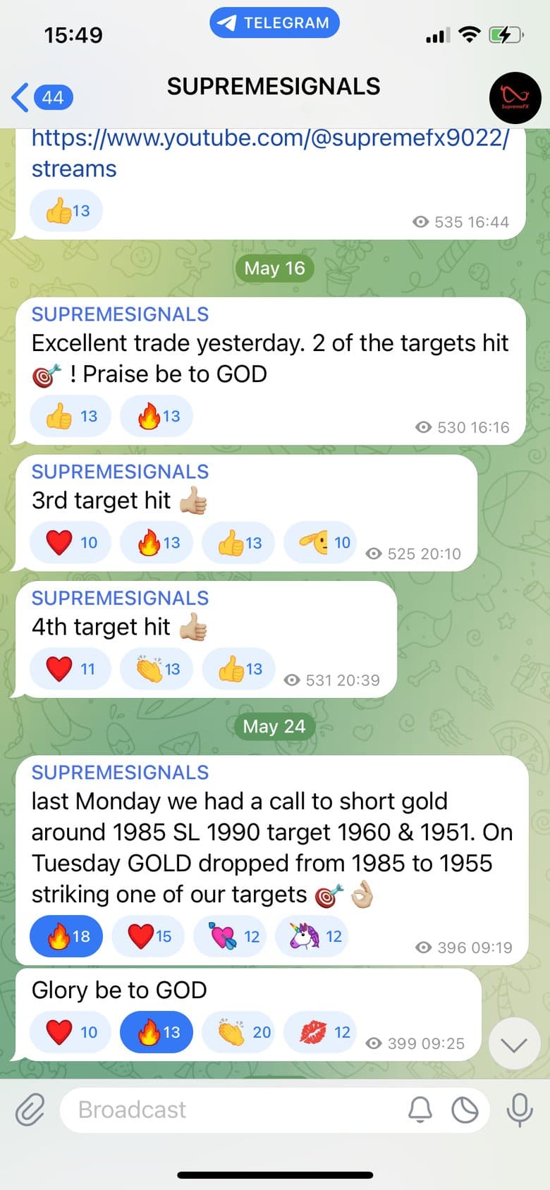 SUPREMESIGNALS Telegram channel: targets hit on a gold short