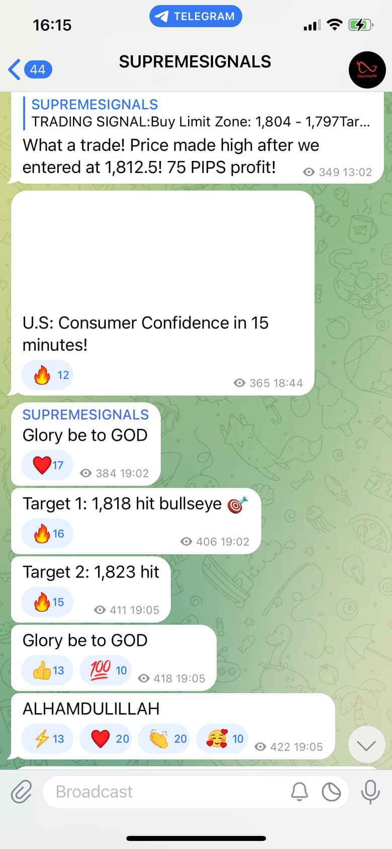SUPREMESIGNALS Telegram channel: buy limit trade with 75 pips profit