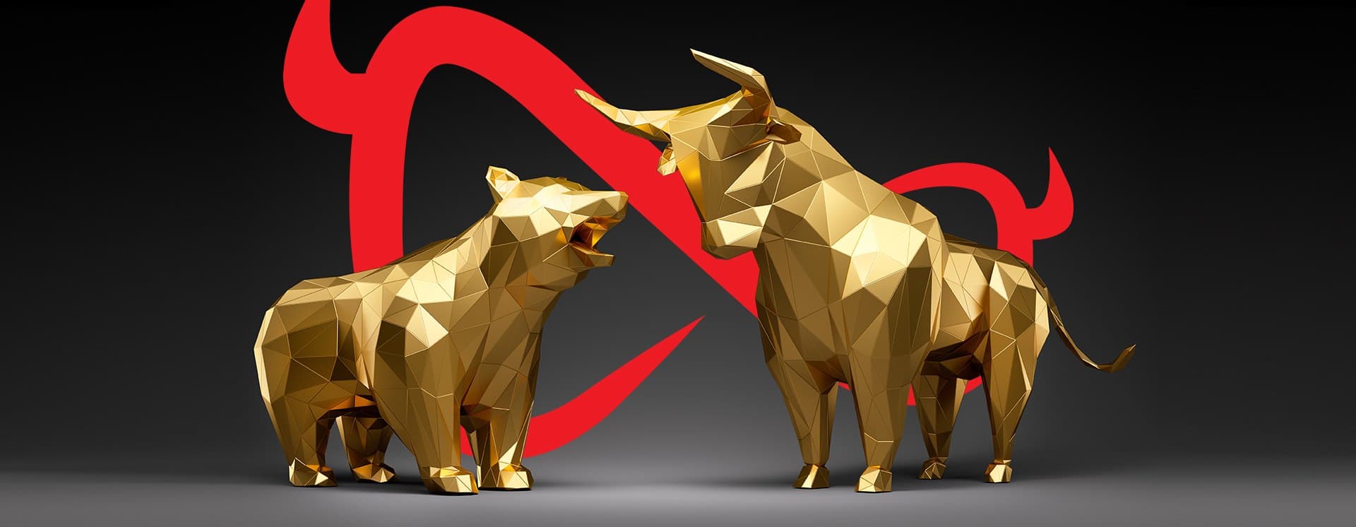 Gold bull and bear sculptures with the SupremeFX logo